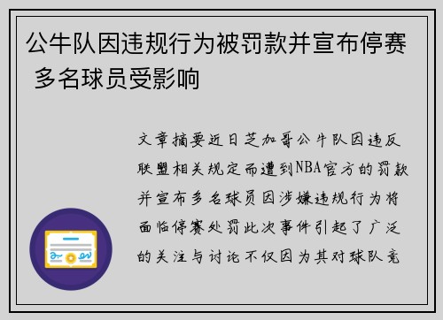 公牛队因违规行为被罚款并宣布停赛 多名球员受影响