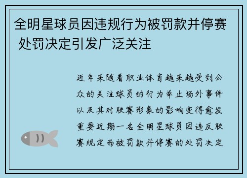 全明星球员因违规行为被罚款并停赛 处罚决定引发广泛关注