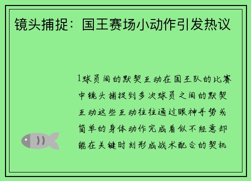 镜头捕捉：国王赛场小动作引发热议