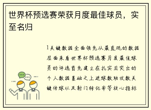 世界杯预选赛荣获月度最佳球员，实至名归